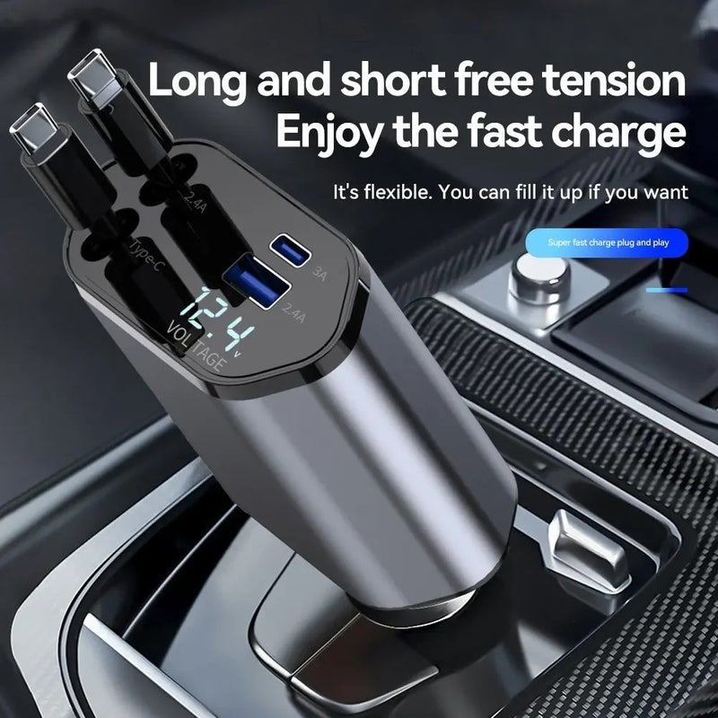 Y&D 4-in-1 Retractable Car Charger Adapter - 60W Super Fast Charging, USB Type-C & USB-A Ports, LED Display - Automobile Charger Power Supply - Image 3
